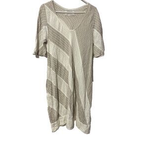 Grizas Linen‎ Beige Striped Crinkled Lagenlook Pocket Stretch A-Line Dress Sz L